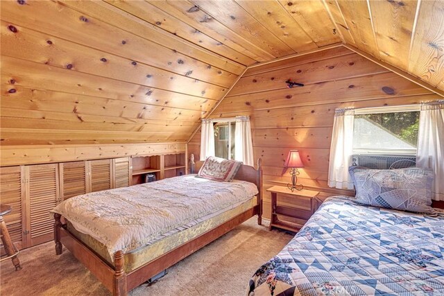 carpeted bedroom featuring lofted ceiling, wood walls, and wooden ceiling