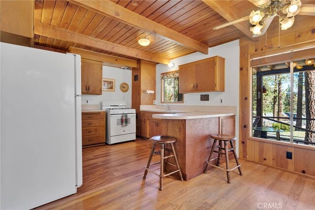 kitchen featuring brown cabinets, light countertops, wooden ceiling, white appliances, and a peninsula