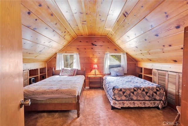 bedroom featuring vaulted ceiling, carpet floors, wooden ceiling, and wooden walls