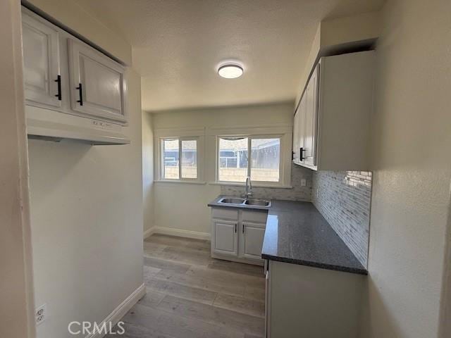 kitchen with light wood-style flooring, white cabinetry, decorative backsplash, and a sink