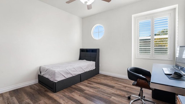 bedroom with multiple windows, wood finished floors, and baseboards