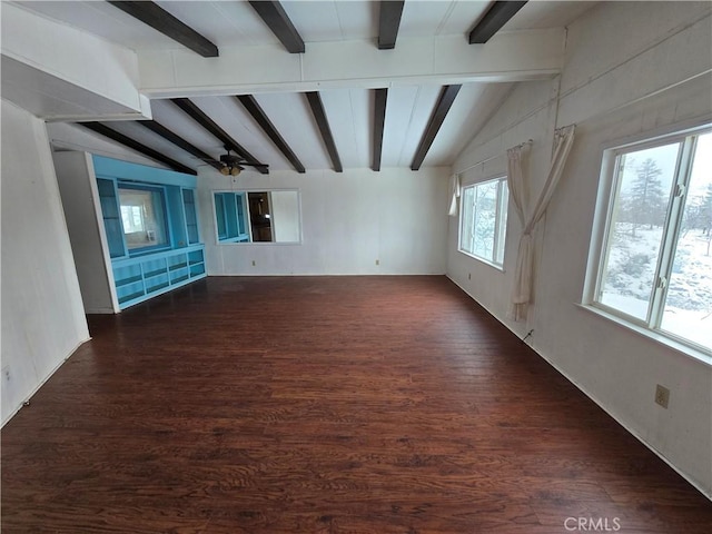 unfurnished room with lofted ceiling with beams, dark wood-style floors, and a ceiling fan