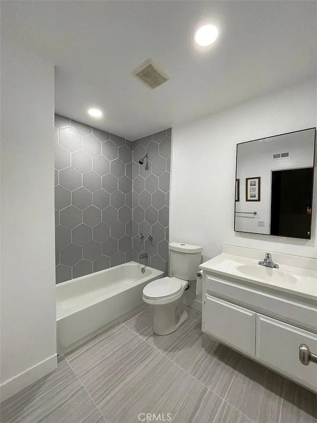 full bath with washtub / shower combination, visible vents, toilet, and vanity