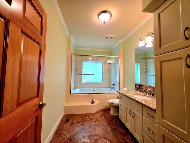 full bath featuring visible vents, crown molding, vanity, and toilet