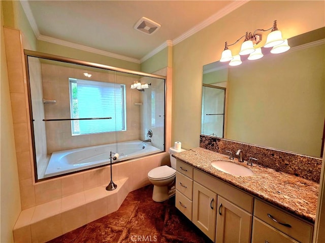 bathroom featuring toilet, vanity, visible vents, and crown molding