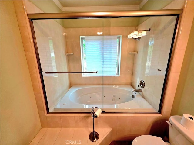 full bathroom with ornamental molding, a combined bath / shower with jetted tub, and toilet