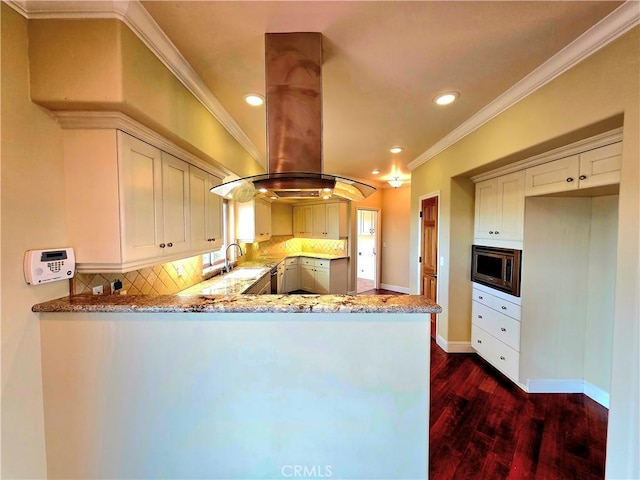 kitchen featuring light stone counters, island exhaust hood, crown molding, stainless steel microwave, and a sink