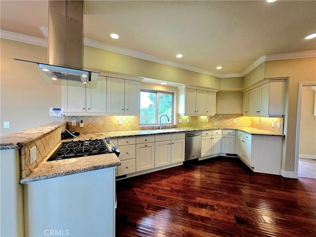 kitchen featuring dark wood-style floors, island exhaust hood, crown molding, stainless steel dishwasher, and a sink