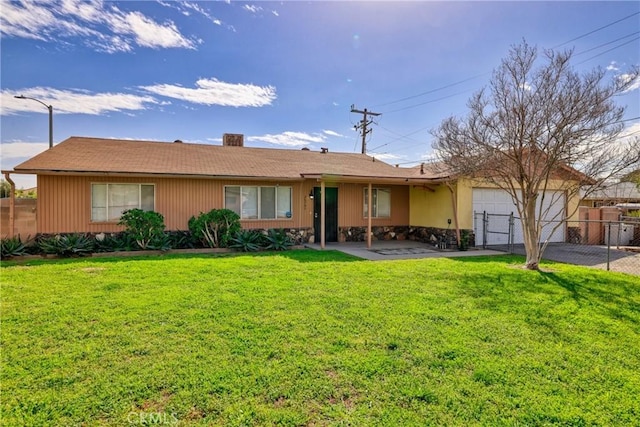 ranch-style home featuring driveway, a front lawn, an attached garage, and fence