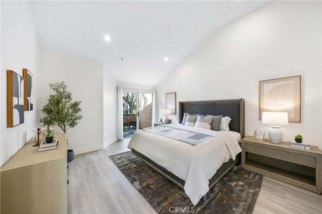 bedroom featuring access to exterior, light wood finished floors, lofted ceiling, recessed lighting, and baseboards