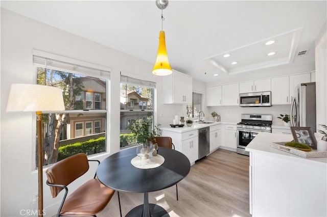 kitchen with light wood-style flooring, stainless steel appliances, a sink, visible vents, and a tray ceiling