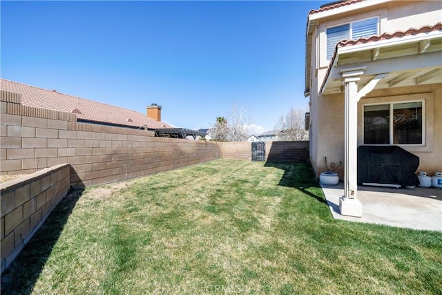 view of yard with a fenced backyard and a patio