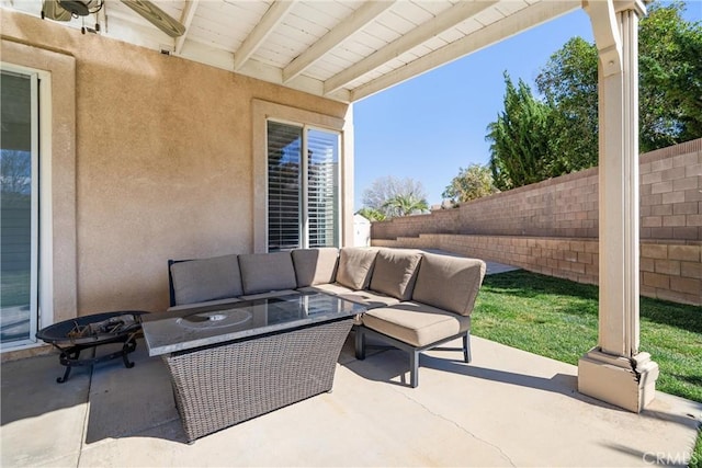 view of patio with a fenced backyard and an outdoor hangout area