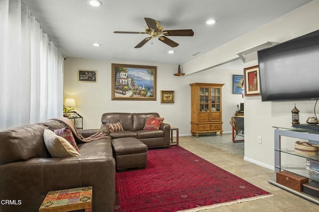 tiled living area featuring visible vents, recessed lighting, baseboards, and ceiling fan