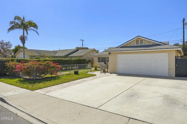 ranch-style home with stucco siding, concrete driveway, a garage, and fence