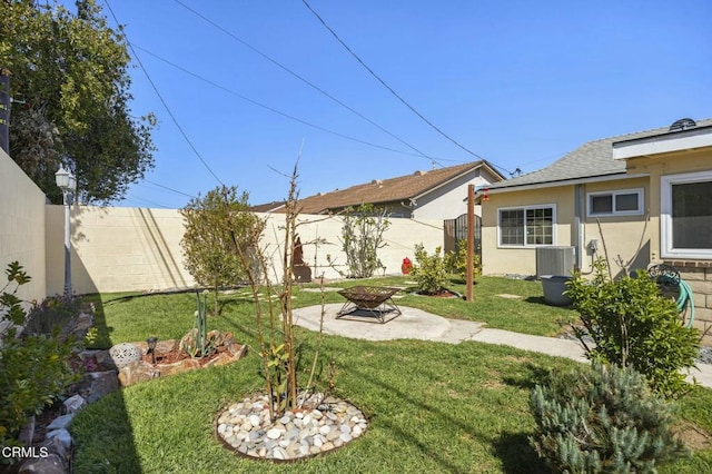 view of yard featuring central AC unit and a fenced backyard