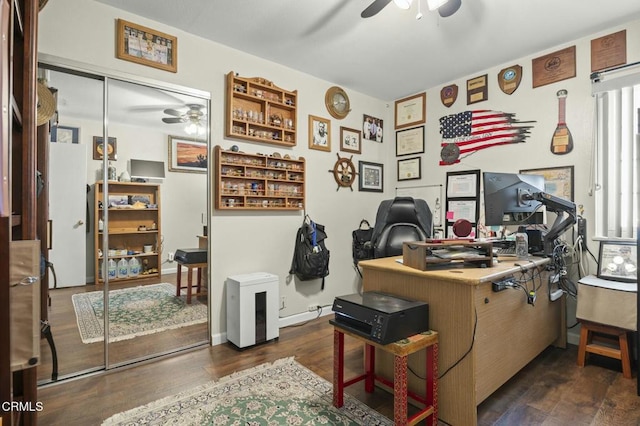 office area with dark wood-type flooring and ceiling fan