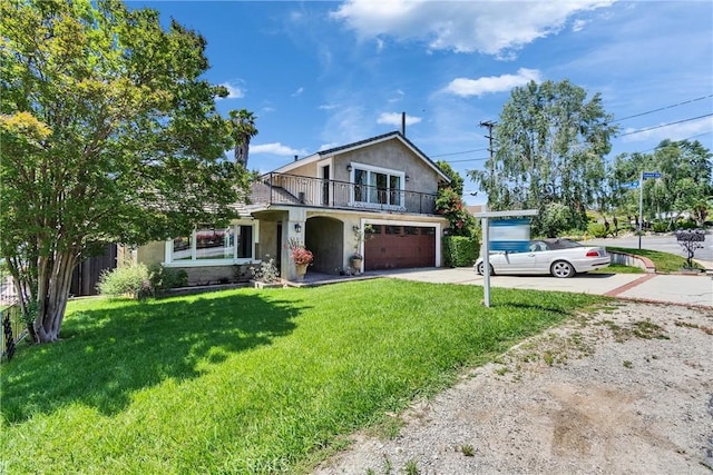 160 Summit Rd, La Verne, CA 91750 - traditional-style home with a balcony, driveway, an attached garage, a front yard, and stucco siding