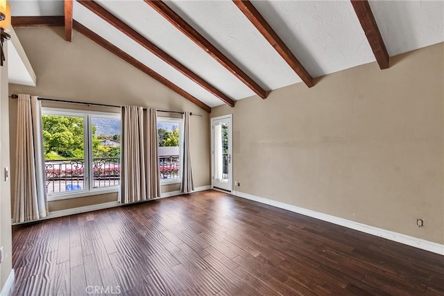 160 Summit Rd, La Verne, CA 91750 - spare room featuring beamed ceiling, dark wood-style floors, baseboards, and high vaulted ceiling