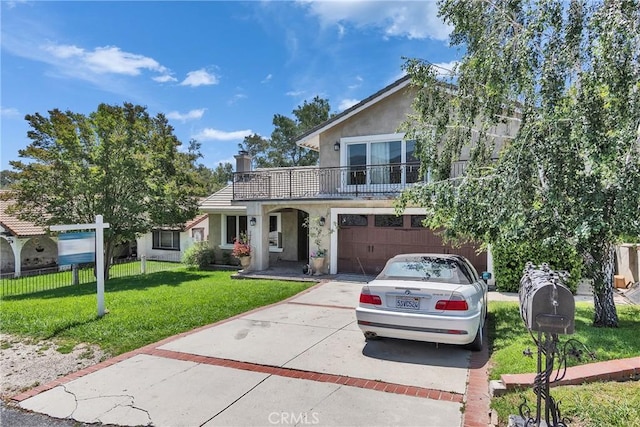 160 Summit Rd, La Verne, CA 91750 - view of front of house featuring driveway, an attached garage, stucco siding, a chimney, and a balcony