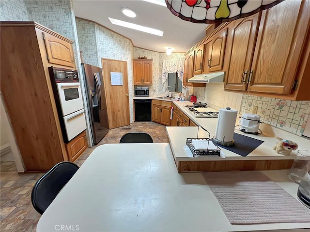 kitchen featuring lofted ceiling, under cabinet range hood, stainless steel appliances, a peninsula, and a sink