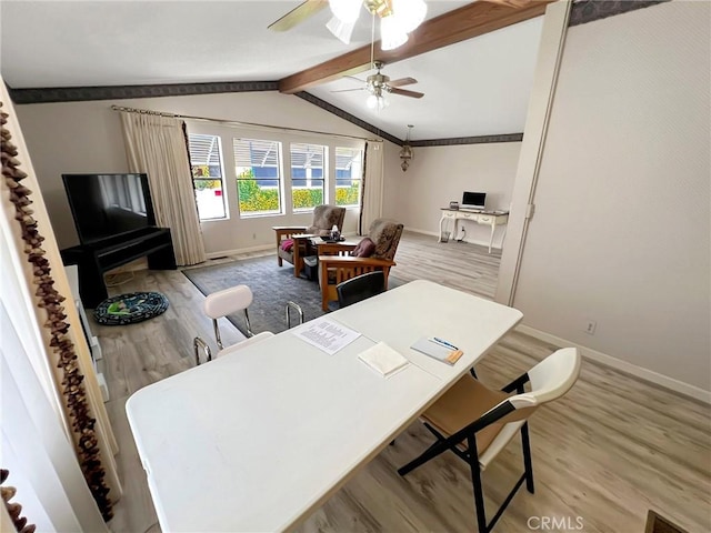 home office with visible vents, lofted ceiling with beams, baseboards, and wood finished floors