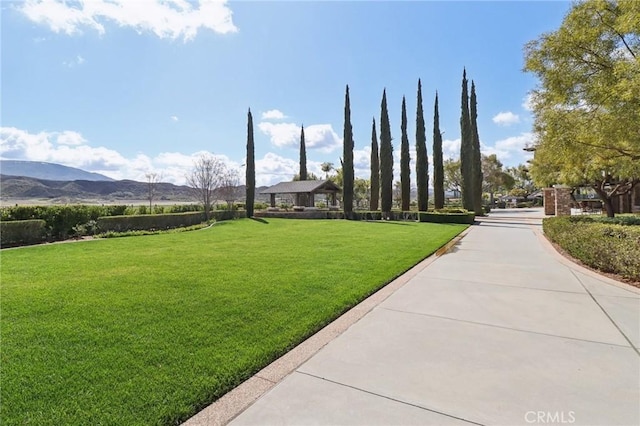 view of home's community with a lawn and a mountain view