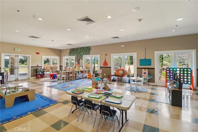 game room featuring french doors, visible vents, and recessed lighting