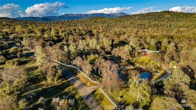 birds eye view of property featuring a mountain view and a view of trees