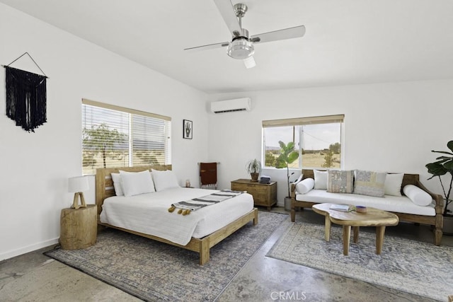 bedroom featuring an AC wall unit, concrete floors, a ceiling fan, and baseboards