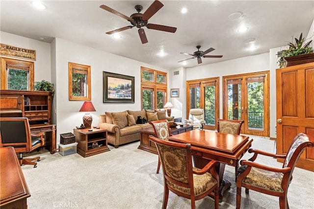 dining room featuring recessed lighting, visible vents, and light colored carpet