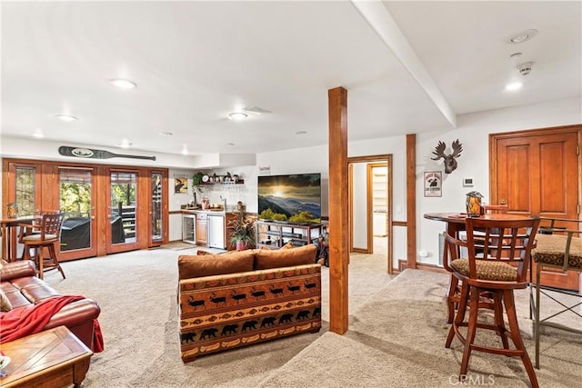 145 Pheasant Run, Lake Arrowhead, CA 92352 - living room featuring light colored carpet, wet bar, wine cooler, and recessed lighting