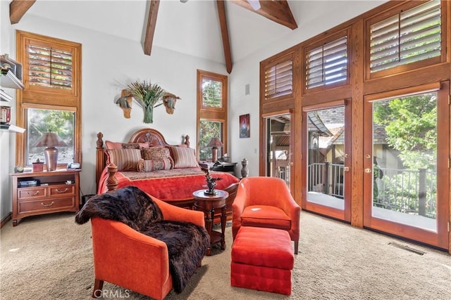 carpeted bedroom with access to outside, beamed ceiling, high vaulted ceiling, and visible vents