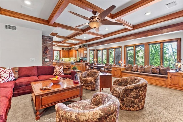 living area featuring light carpet, beamed ceiling, coffered ceiling, and visible vents