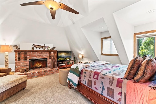 145 Pheasant Run, Lake Arrowhead, CA 92352 - carpeted bedroom featuring a brick fireplace and ceiling fan