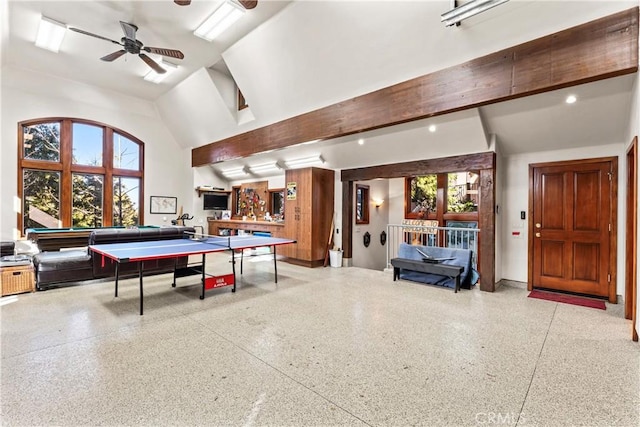 145 Pheasant Run, Lake Arrowhead, CA 92352 - recreation room with speckle patterned floor, a ceiling fan, high vaulted ceiling, billiards table, and recessed lighting