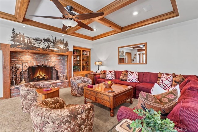 carpeted living room with beam ceiling, a fireplace, recessed lighting, ceiling fan, and coffered ceiling