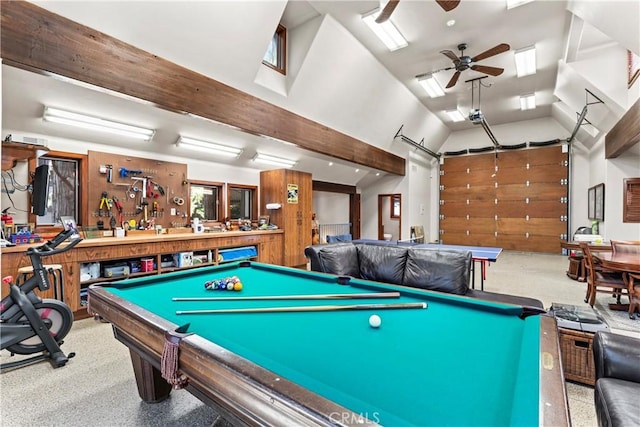 rec room with vaulted ceiling with beams, ceiling fan, billiards, and a workshop area