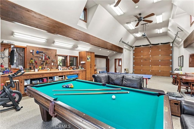 145 Pheasant Run, Lake Arrowhead, CA 92352 - playroom featuring a ceiling fan, pool table, lofted ceiling, a workshop area, and carpet