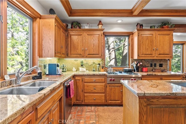 145 Pheasant Run, Lake Arrowhead, CA 92352 - kitchen with appliances with stainless steel finishes, plenty of natural light, brown cabinets, and ornamental molding