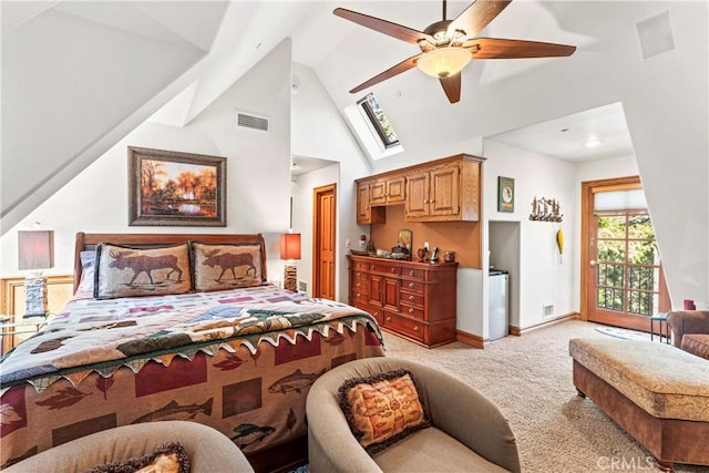 bedroom with high vaulted ceiling, light carpet, a skylight, visible vents, and baseboards