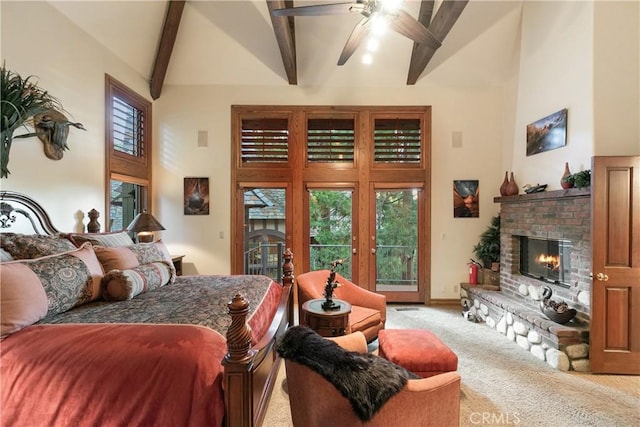 145 Pheasant Run, Lake Arrowhead, CA 92352 - carpeted bedroom featuring access to outside, high vaulted ceiling, beam ceiling, a fireplace, and ceiling fan