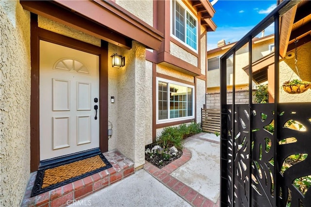 doorway to property with stucco siding