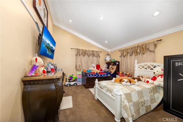 carpeted bedroom with recessed lighting, lofted ceiling, and ornamental molding