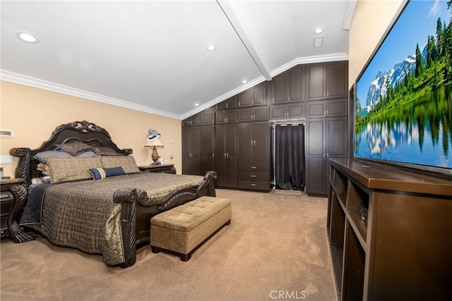 bedroom with recessed lighting, light carpet, crown molding, and vaulted ceiling