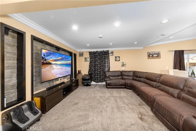 carpeted home theater room featuring crown molding, recessed lighting, and visible vents