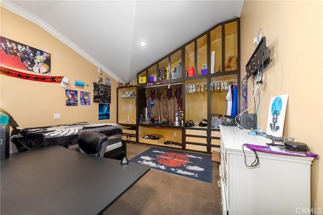 exercise room featuring vaulted ceiling, recessed lighting, carpet, and ornamental molding