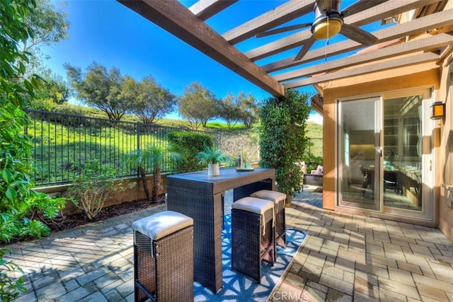 view of patio / terrace featuring a fenced backyard and a pergola