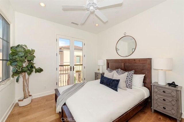 bedroom with french doors, recessed lighting, visible vents, light wood-style flooring, and access to outside