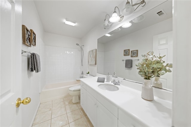 bathroom with tile patterned flooring, toilet, visible vents, vanity, and shower / washtub combination